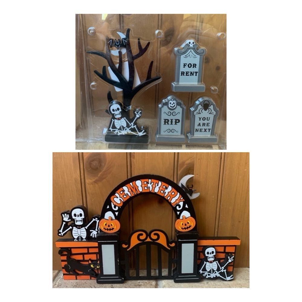 Hyde & Eek Mini Mantle Cemetery and 4pc Bat Skeleton Tree Headstones Grave